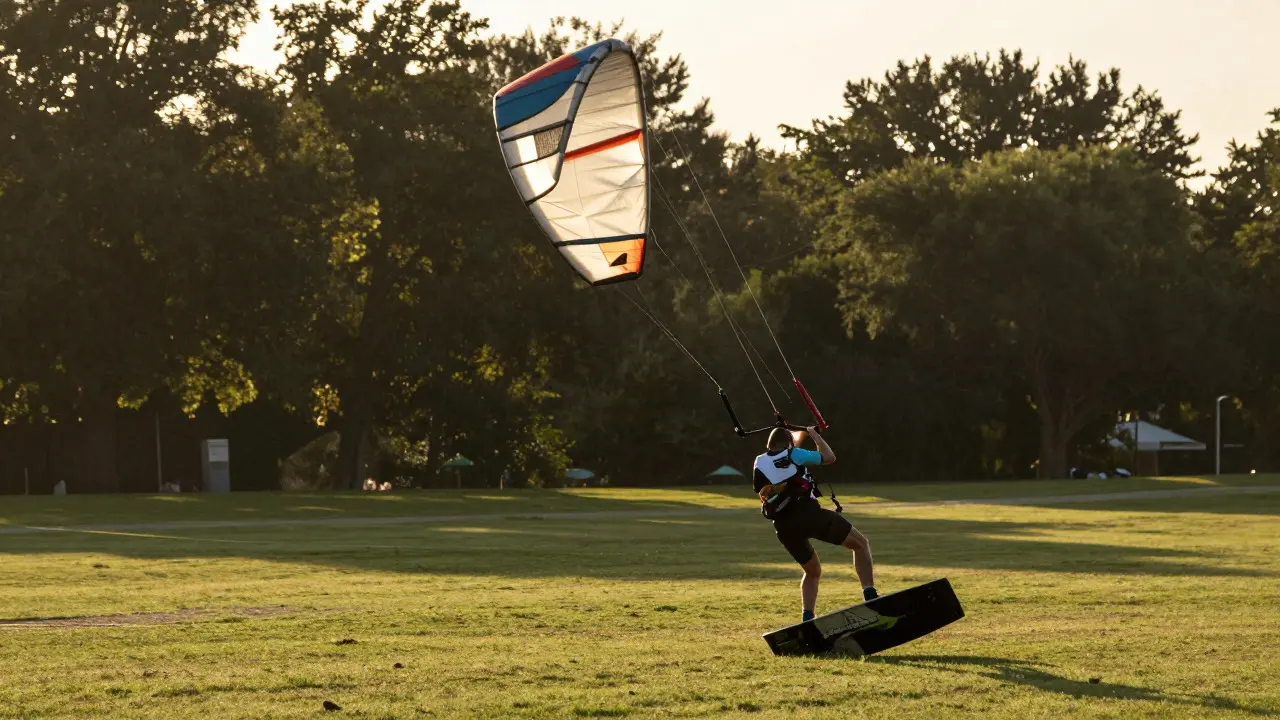 A stunt kiter performing a dynamic loop maneuver in a park during golden hour lighting.