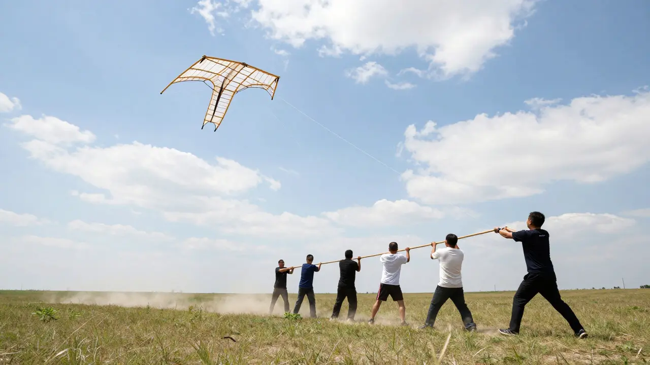 A team of men coordinating the launch of a heavy dragon kite in an open field.