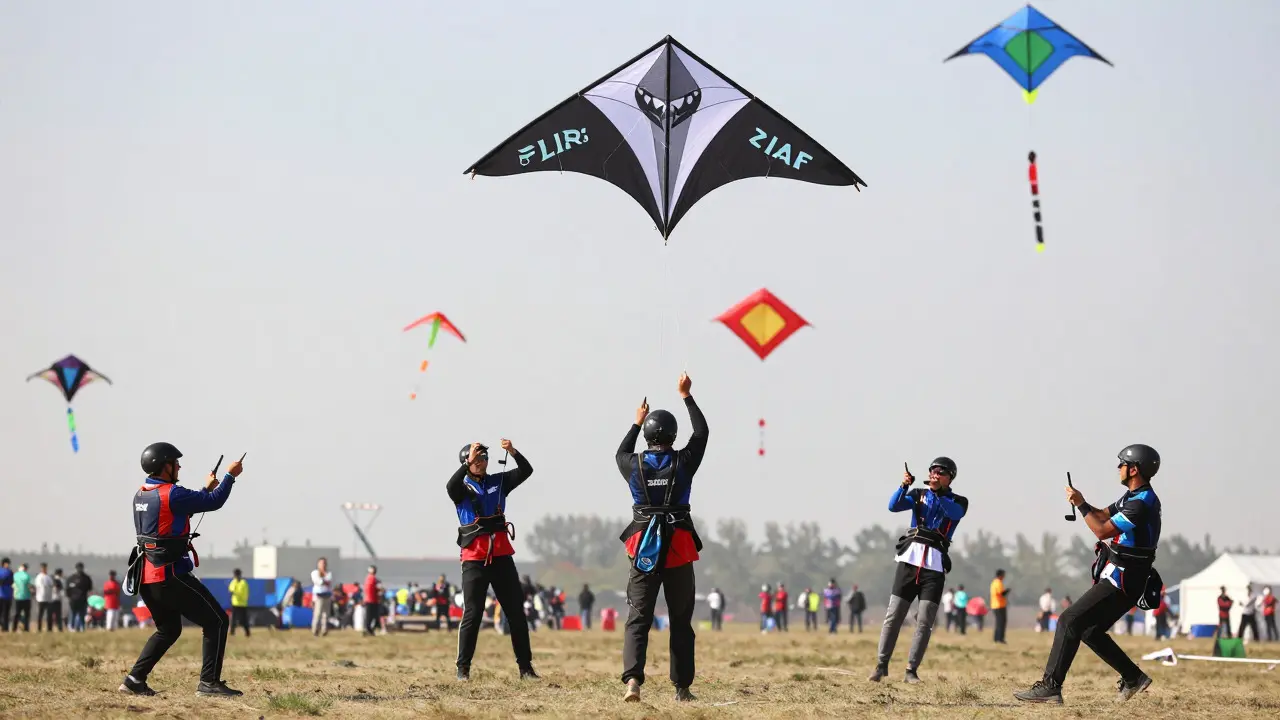 A team of pilots coordinating multiple kites in a dynamic formation during a Japanese festival