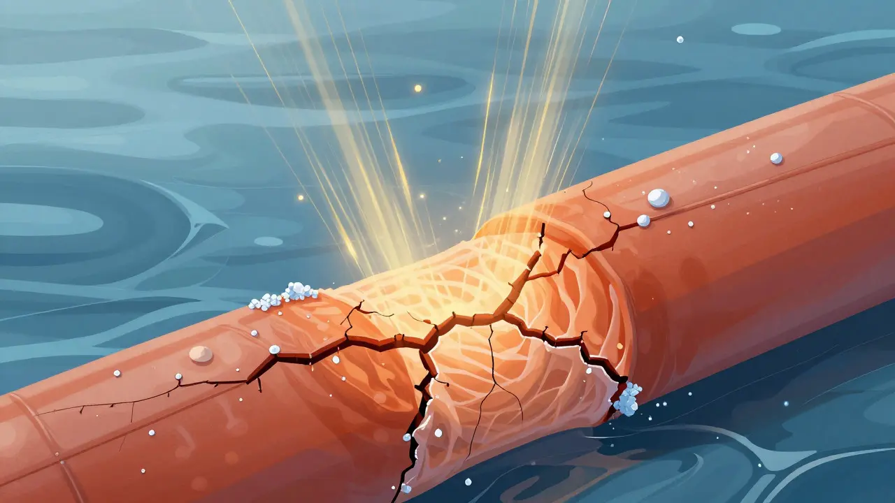 Abstract illustration of adhesive bonds breaking down due to UV and salt exposure