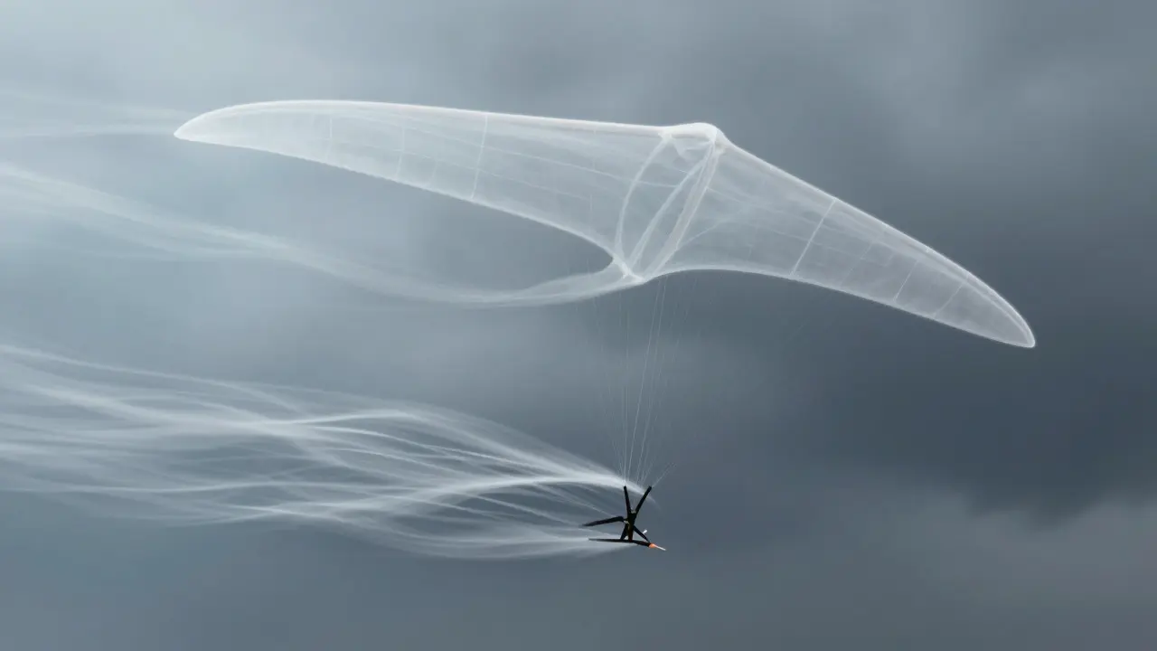 Abstract illustration showing smooth airflow around a parafoil vs chaotic wind on a sled kite