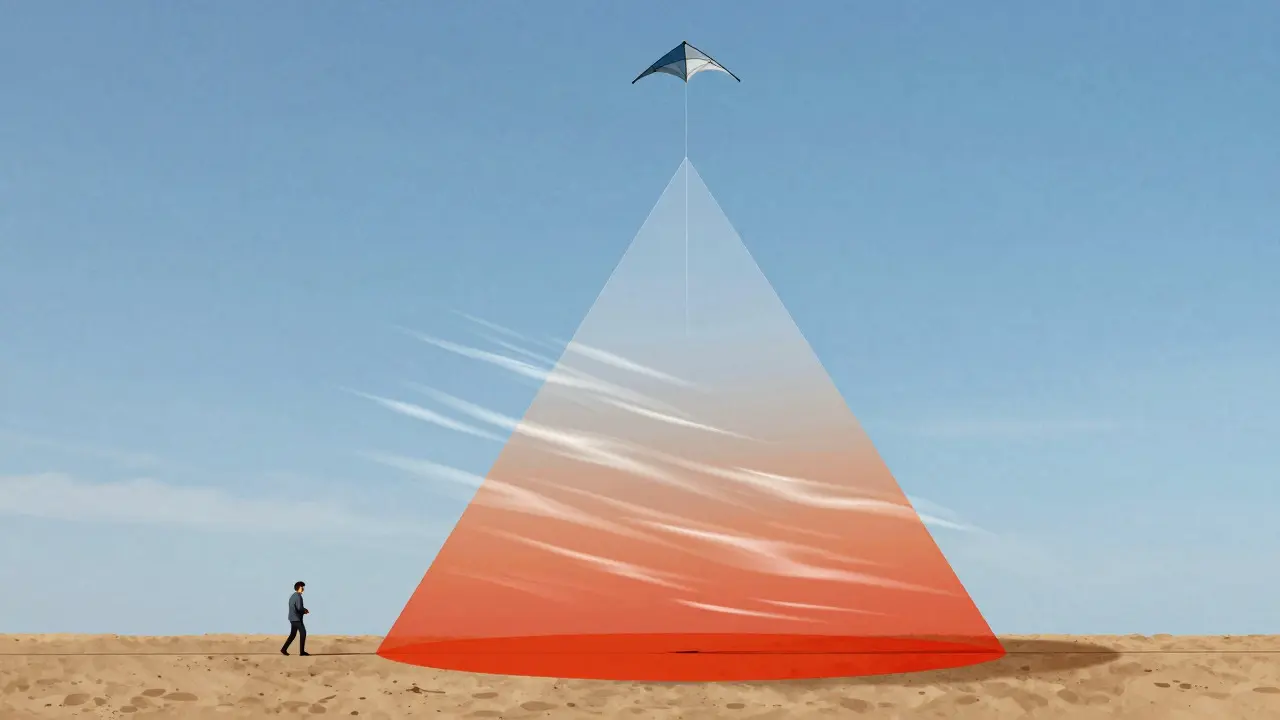 Abstract illustration showing the invisible danger cone beneath a soaring kite