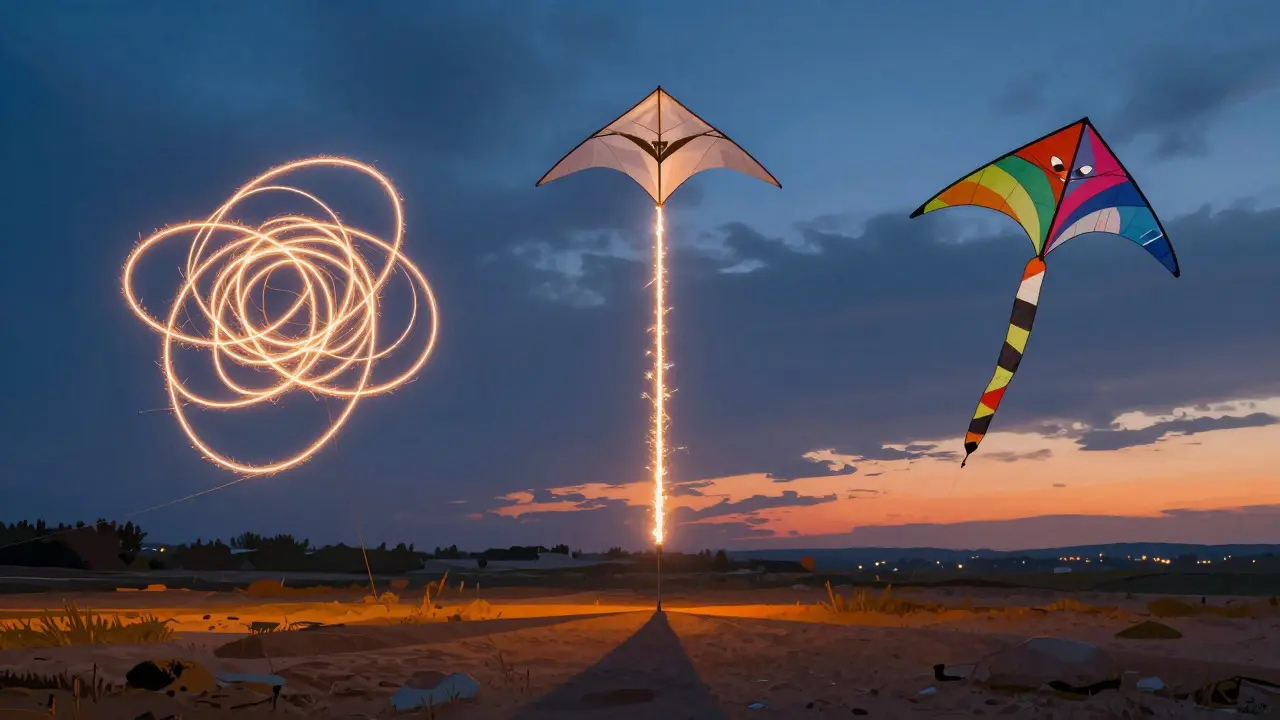 Abstract light trails representing kite maneuver difficulty and style