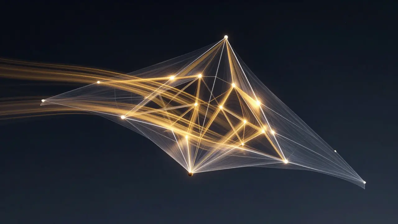 Abstract visualization of airflow passing through the rigid triangular lattice of a tetrahedral kite