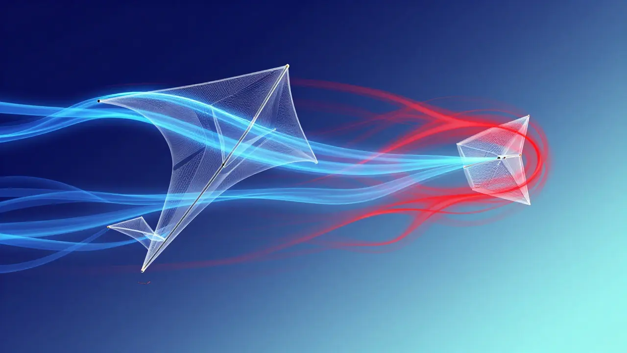 Abstract visualization of smooth and turbulent airflow around two different kite shapes