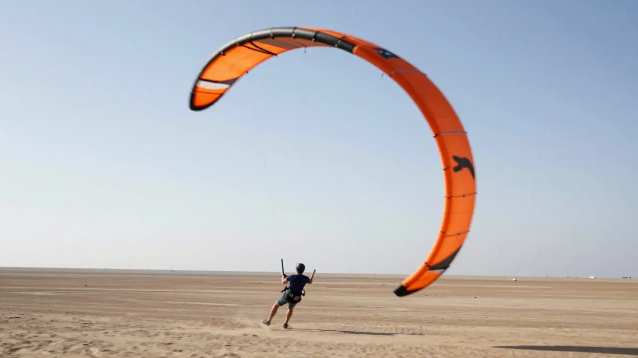 Action shot of a stunt kite spinning in a circle around a stationary pilot