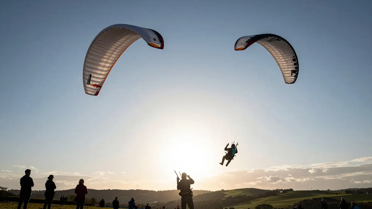 Advanced stunt kites performing aerobatic maneuvers in the sky above a rural hillside