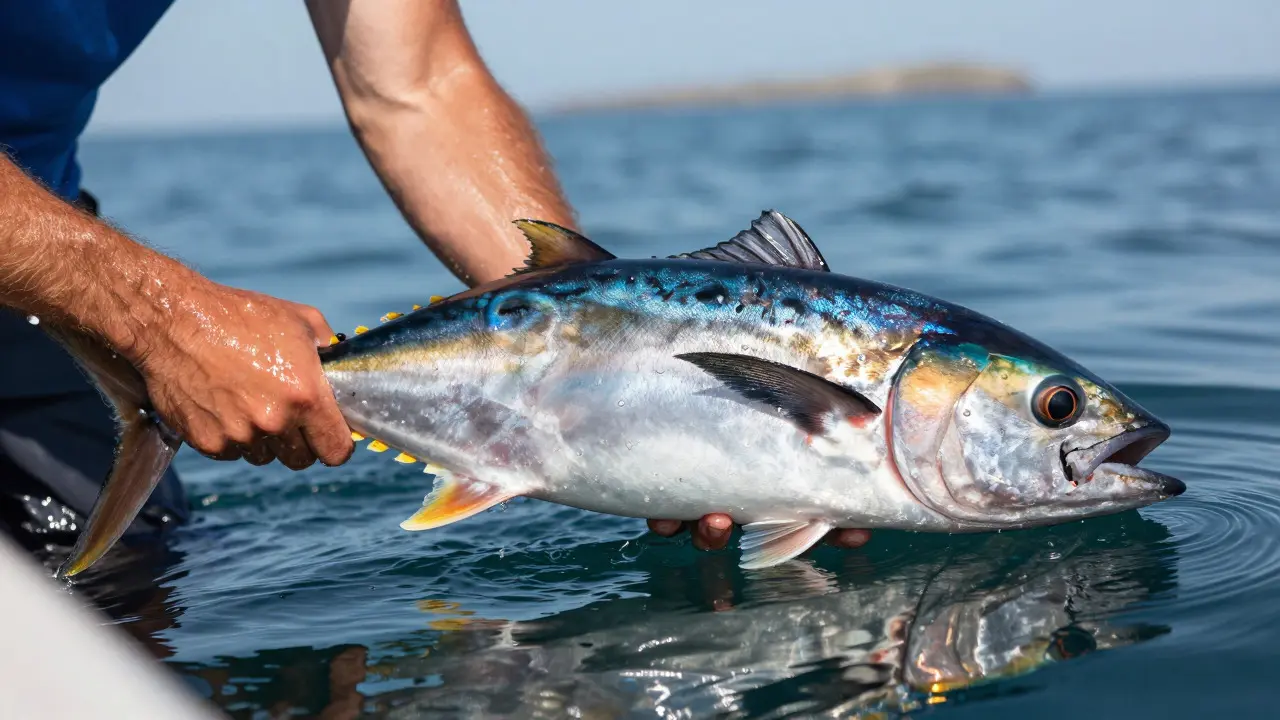 An angler carefully holding a tuna horizontally near the water surface to release it safely.