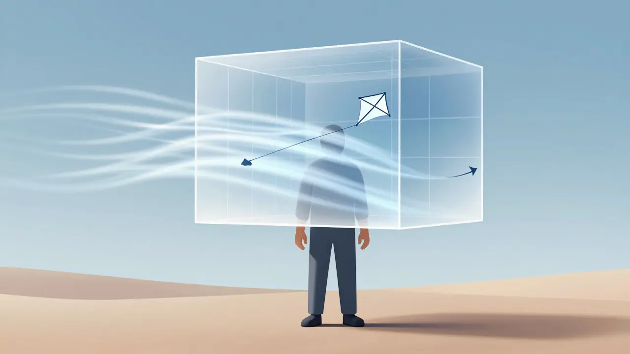 An artistic visualization of the wind window concept with a kite moving inside a translucent geometric volume.