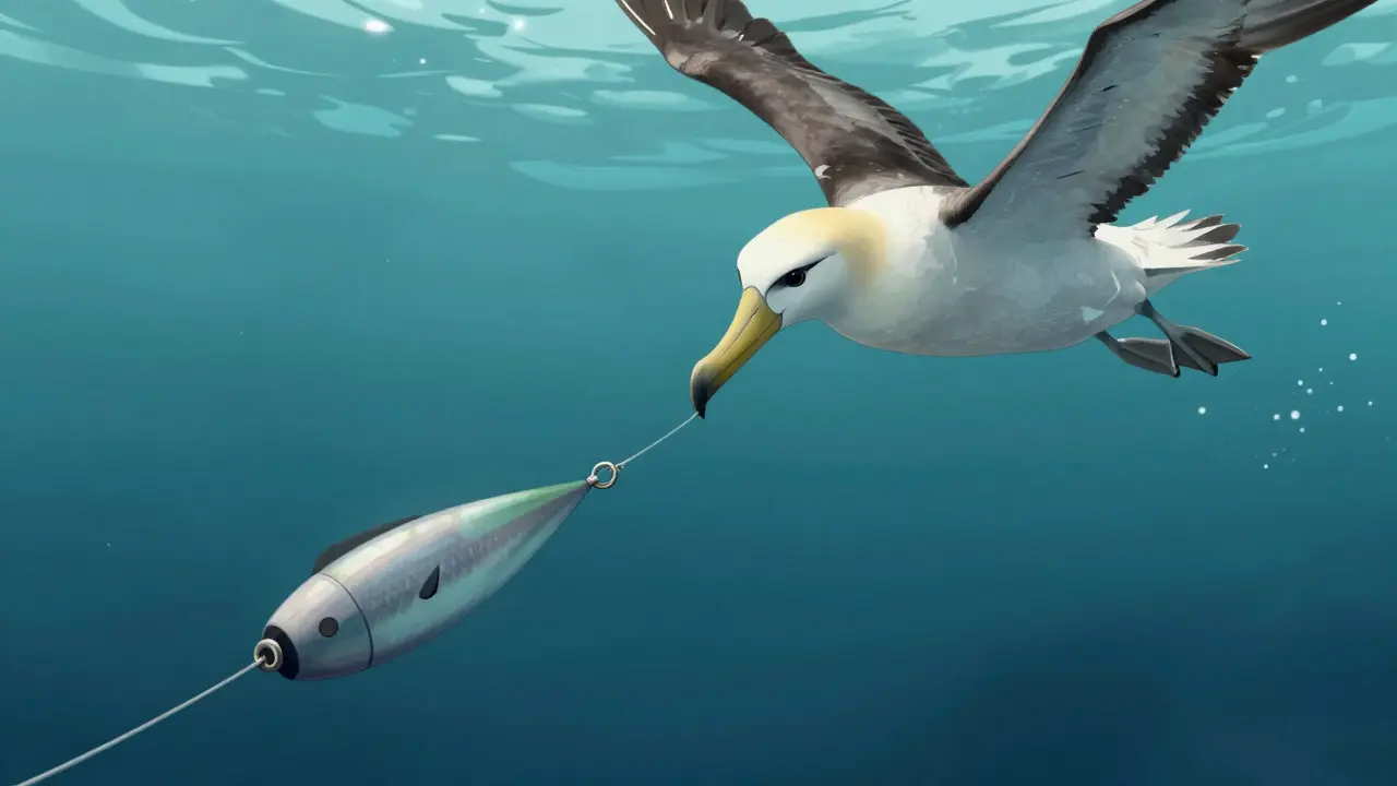 An illustration showing a seabird avoiding a lure due to a de-ghosting device and a circle hook in the water.