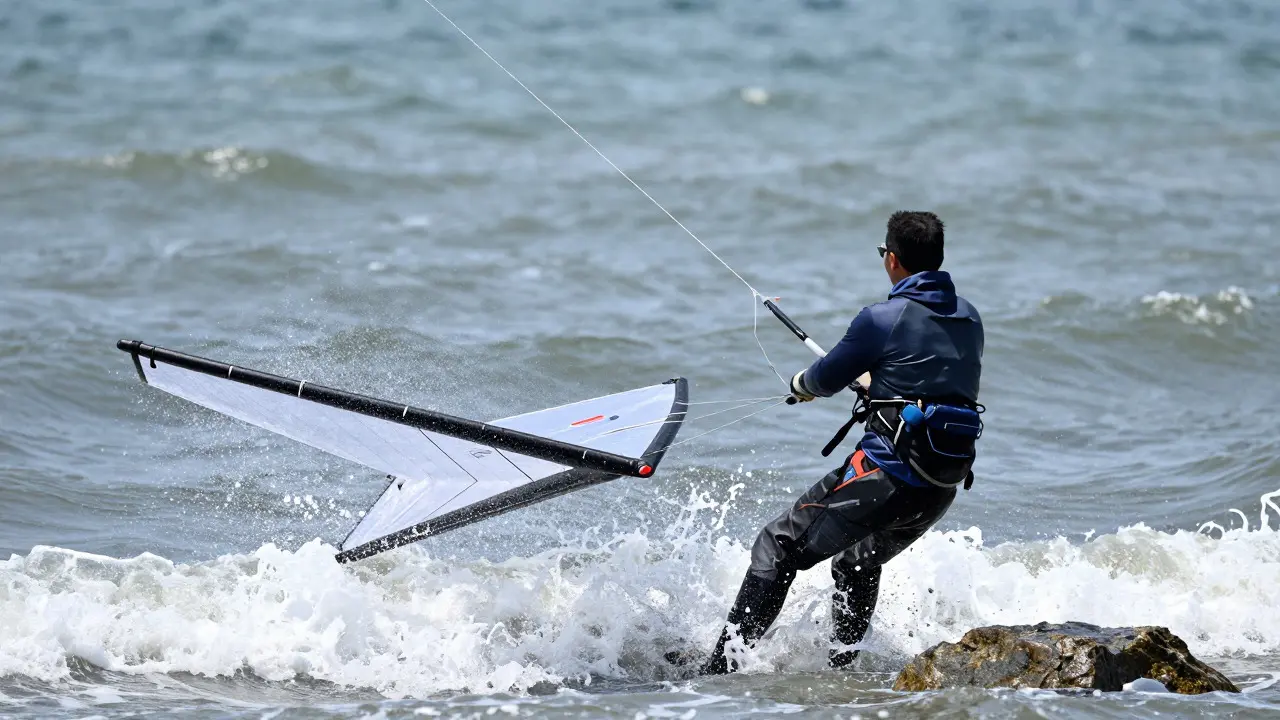 Angler bending knees to absorb wind while controlling a delta kite