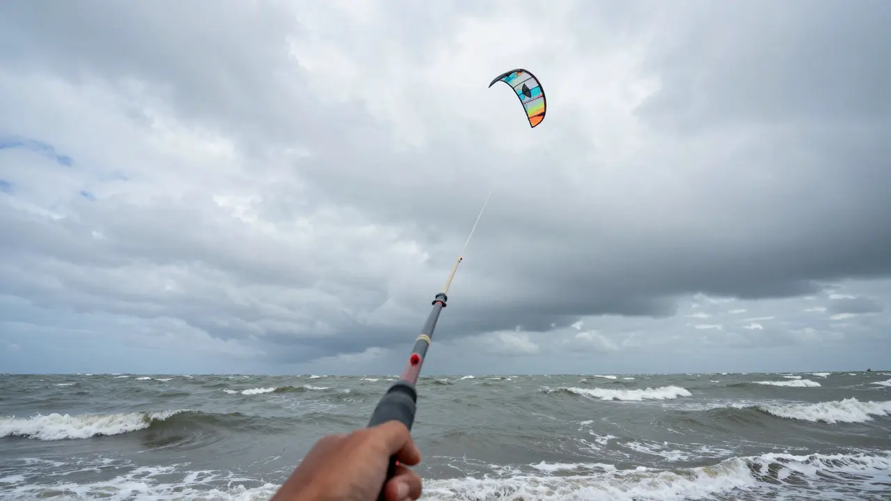 Angler holding a rod while a large kite flies high over windy seas