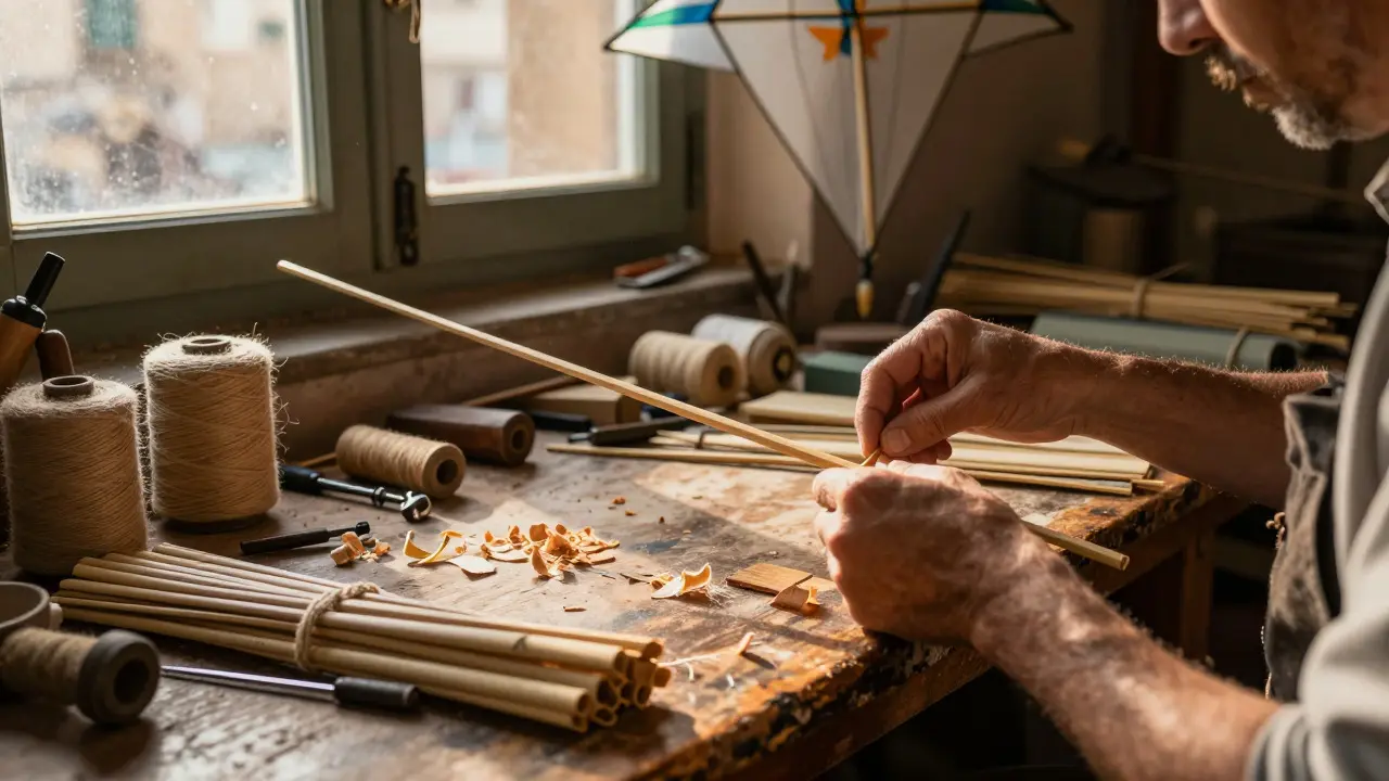 Artisan hands crafting a bamboo kite frame on a cluttered wooden workbench in a sunlit workshop