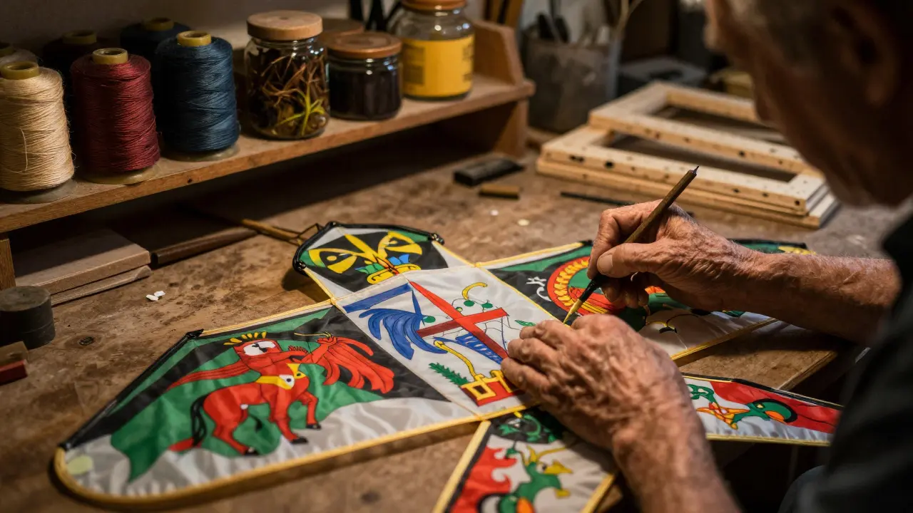 Artisan hands painting traditional designs on a silk kite in a workshop