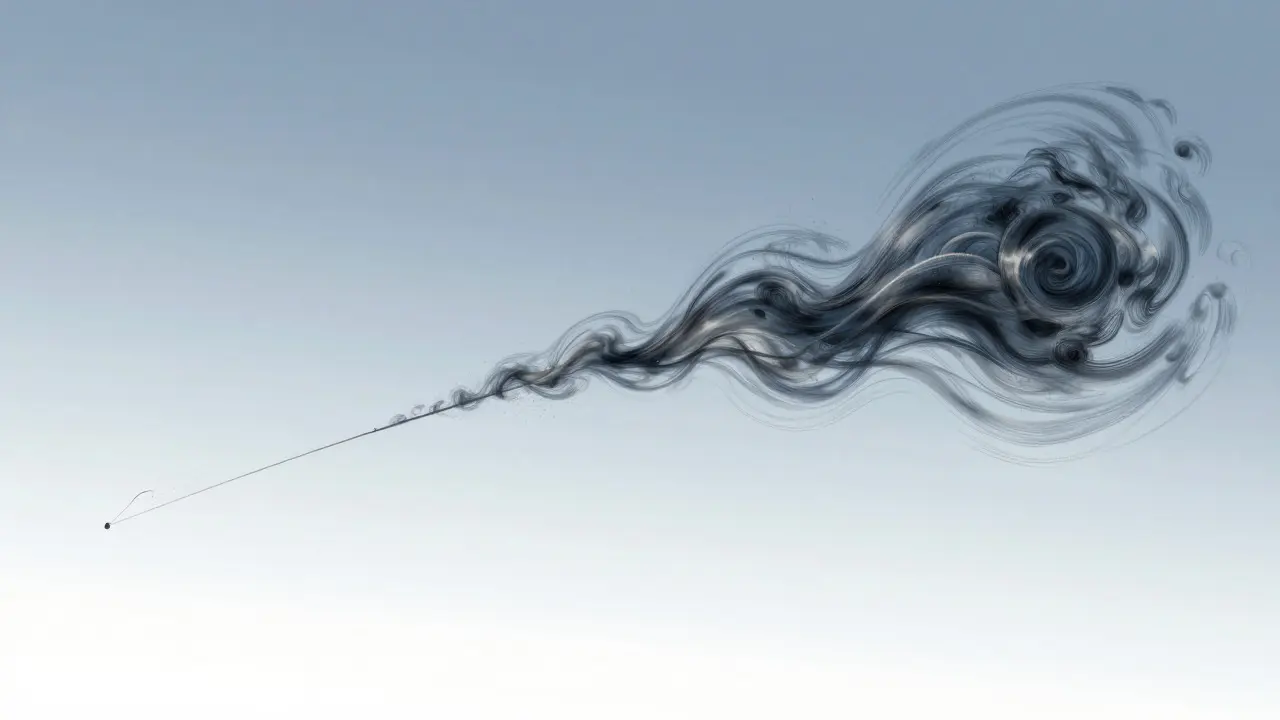 Artistic depiction of a kite line transforming from thin to thick with wind effects