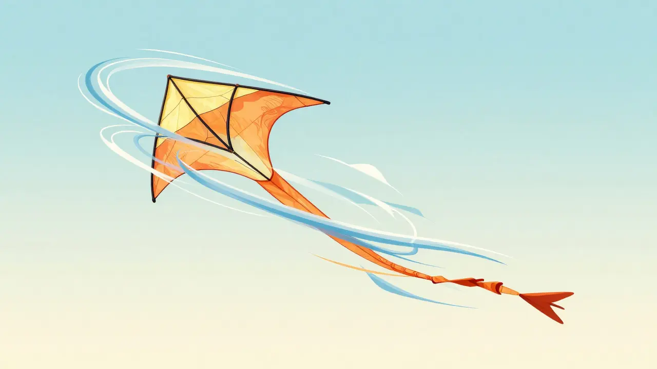 Artistic illustration of wind flow around a kite showing stability principles