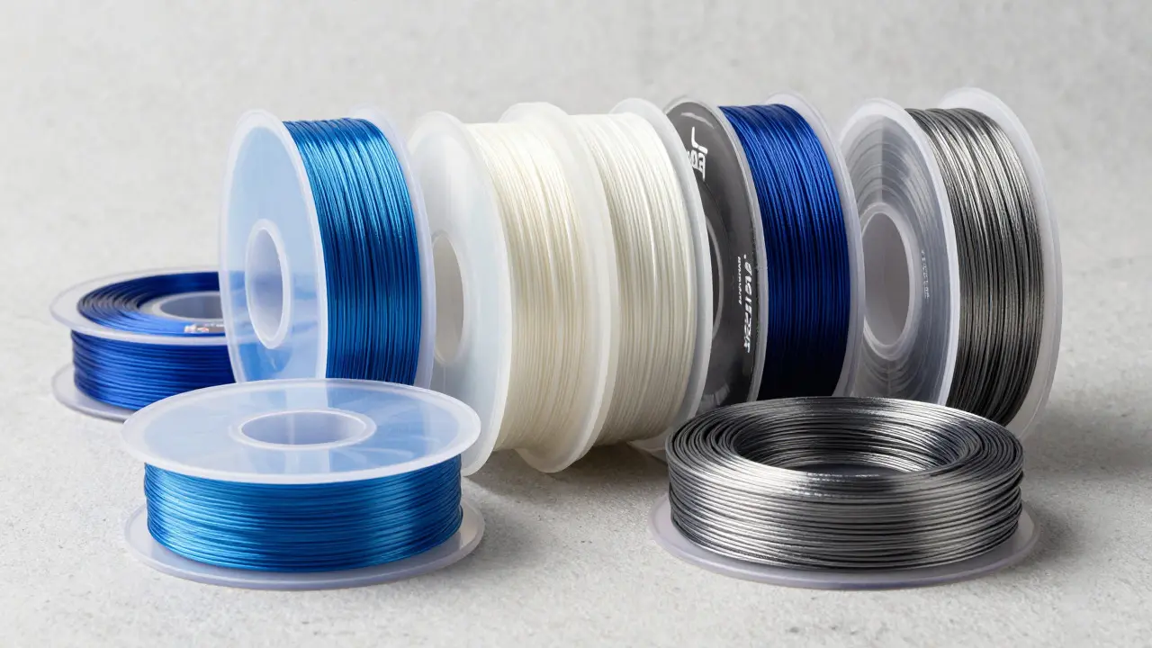 Assorted spools of safe alternative kite lines including polymer and nylon on a table