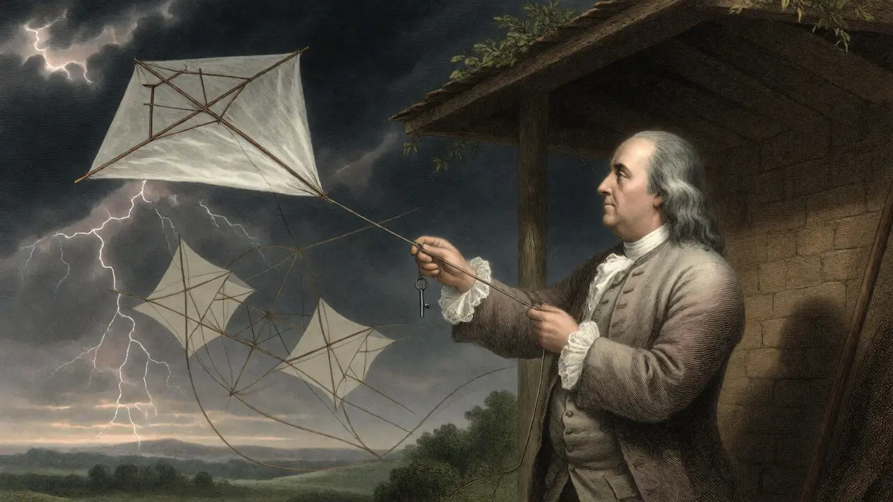 Benjamin Franklin flying a kite in a thunderstorm to demonstrate electricity