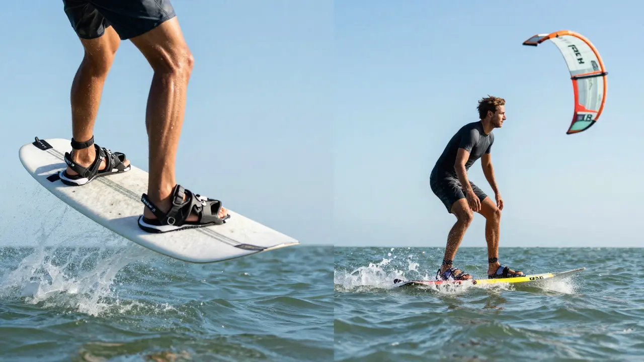 Close-up comparison of a symmetrical twin tip board and an asymmetrical directional kiteboard