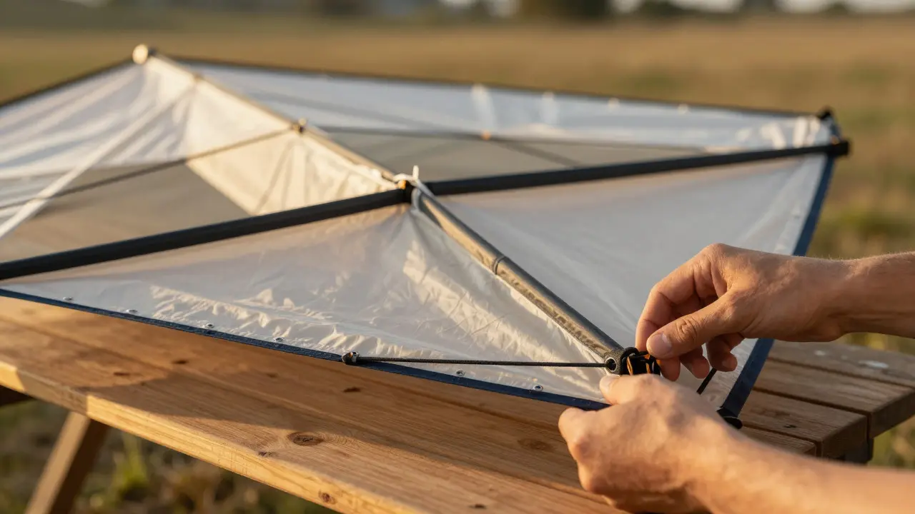 Close-up of a celled box kite structure and bridle system being prepared