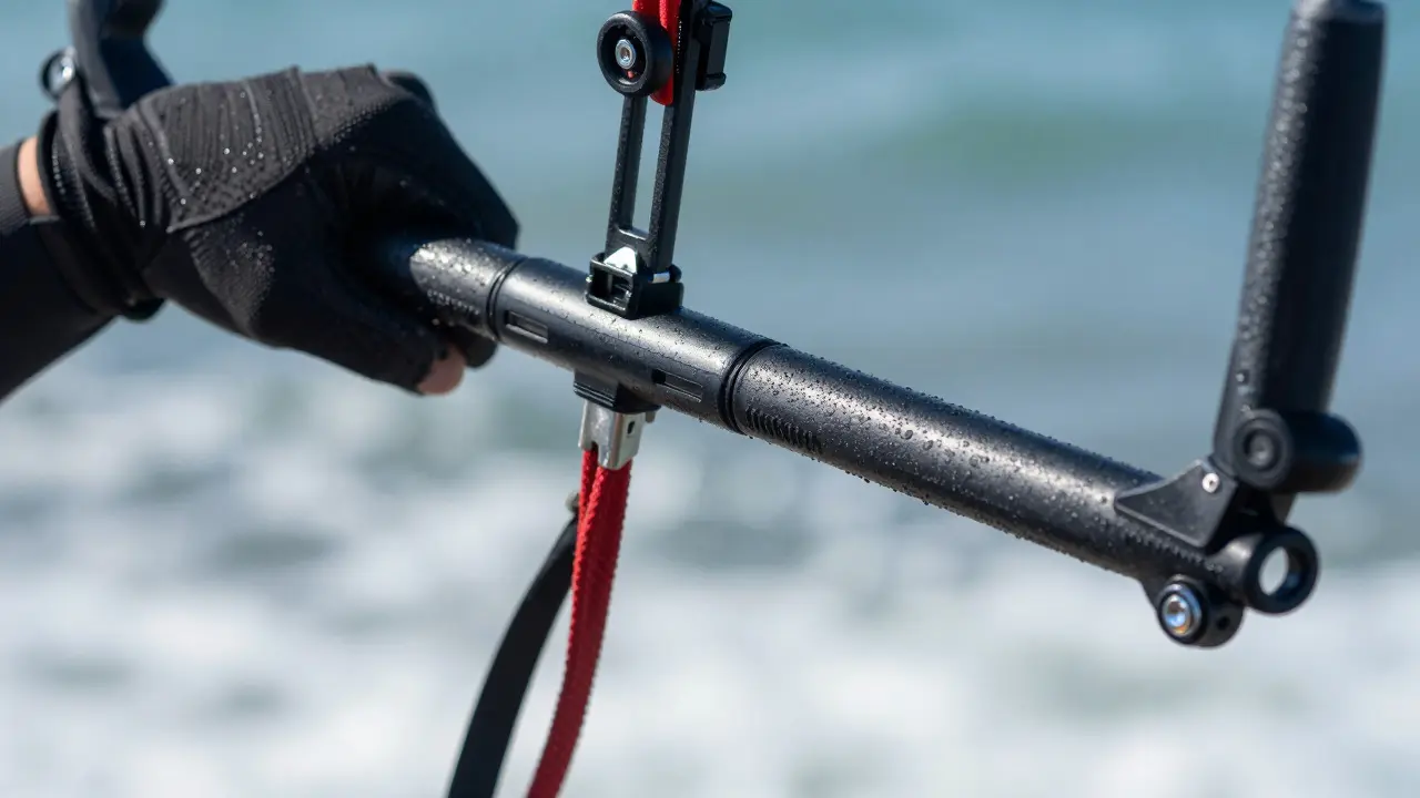 Close-up of a hand gripping a kiteboarding control bar showing safety release mechanisms