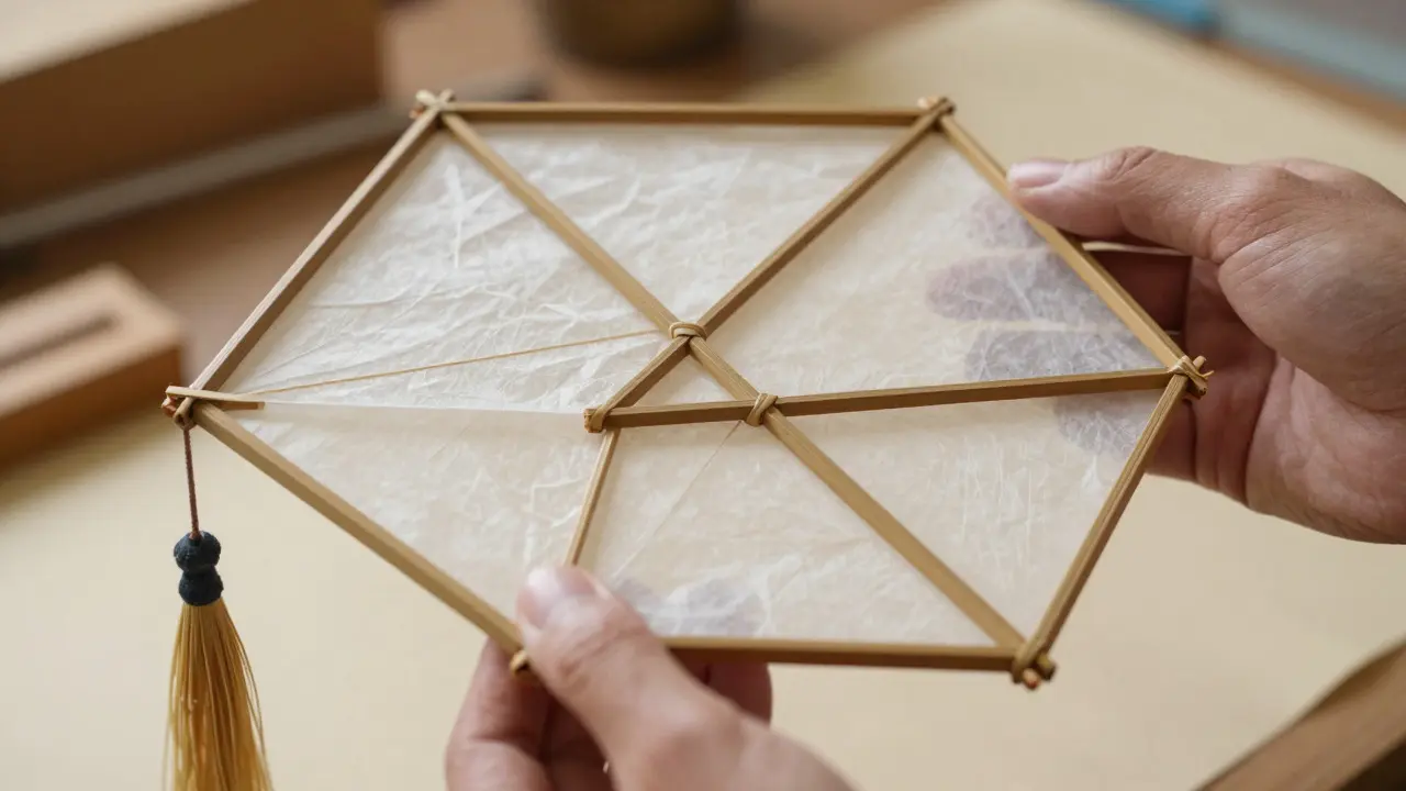 Close-up of a hexagonal bamboo and washi paper kite showing detailed construction and weighted tail