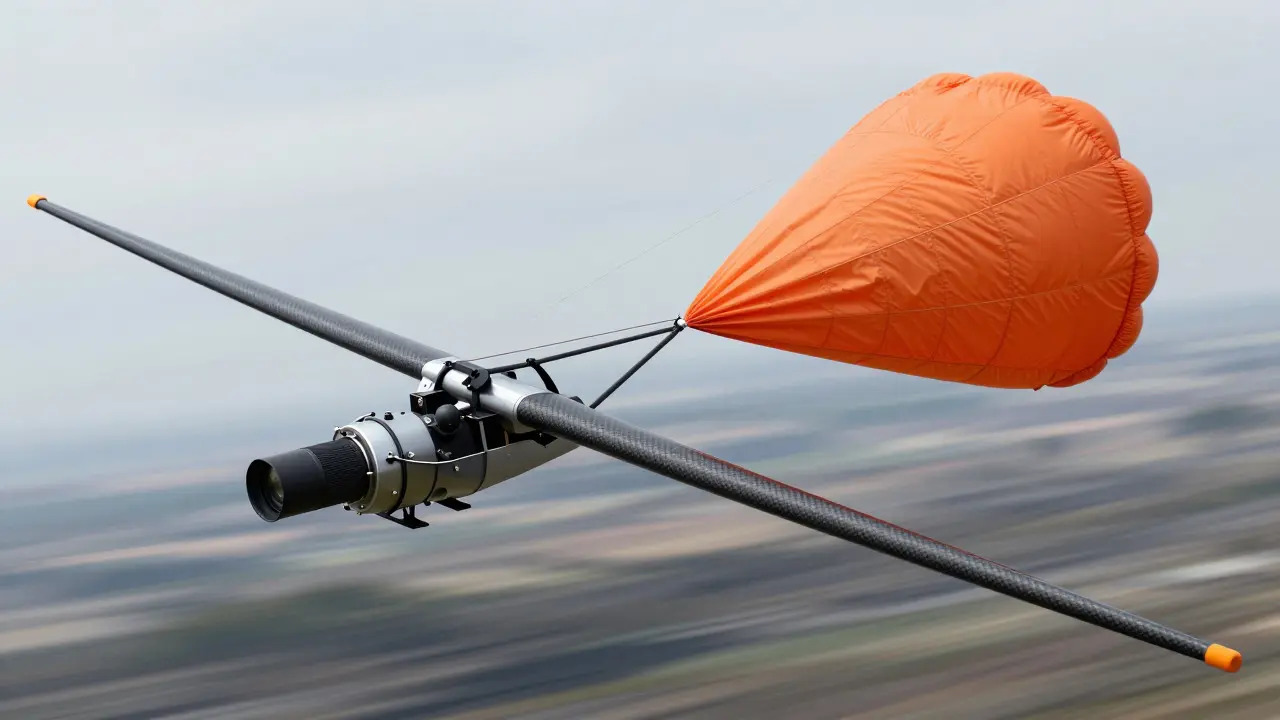 Close-up of a kite drogue and tail stabilizing the rig in high-speed wind