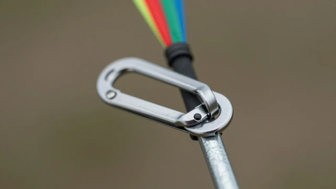 Close-up of a metal safety clip connecting a kite stake
