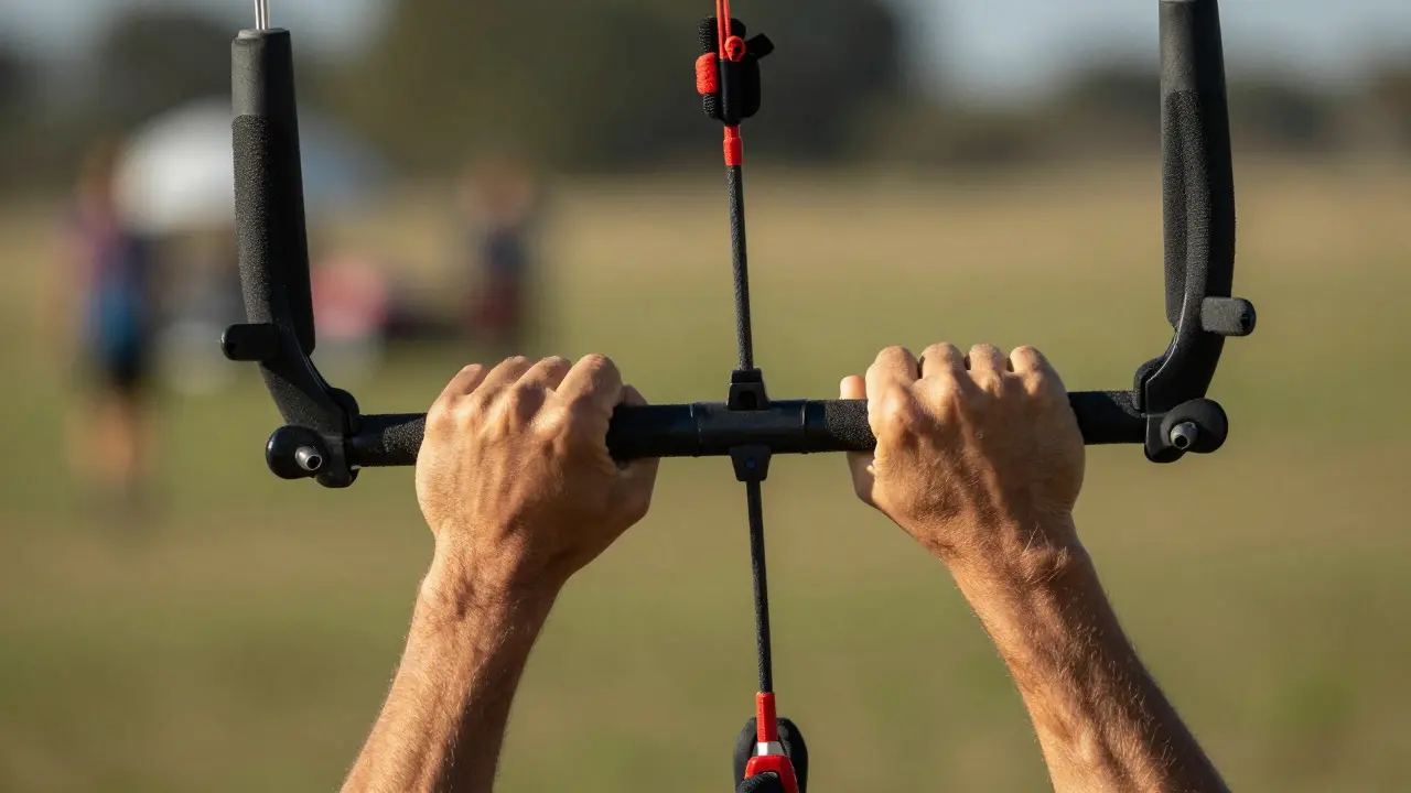 Close-up of a pilot's hands gripping control bars with taut lines extending upwards