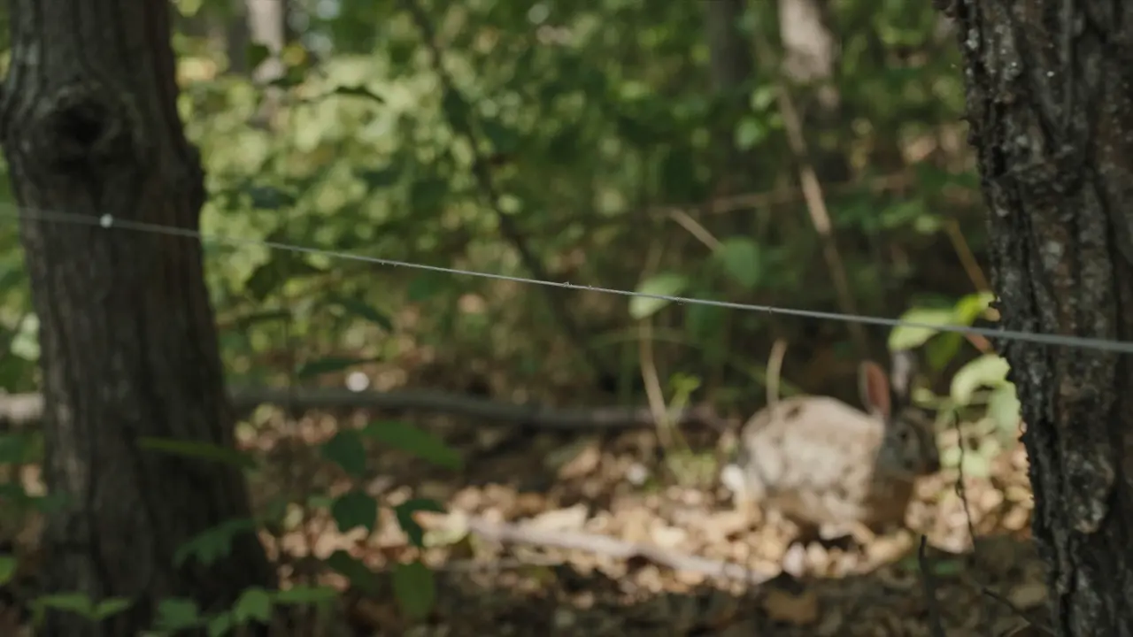 Close-up of a thin kite line strung between trees near a rabbit