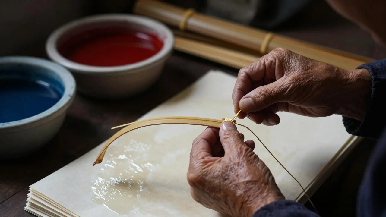 Close-up of an artisan's hands tying knots in bamboo and silk within a traditional workshop.