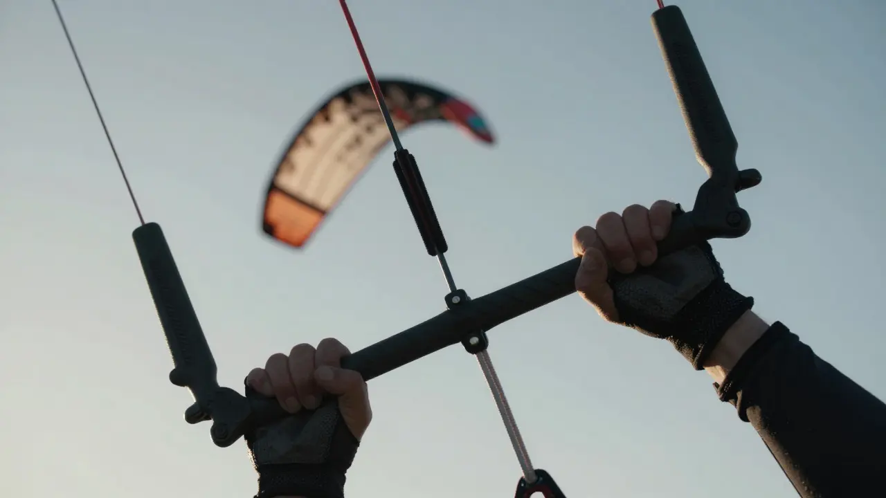 Close-up of gloved hands holding control bars with taut kite lines