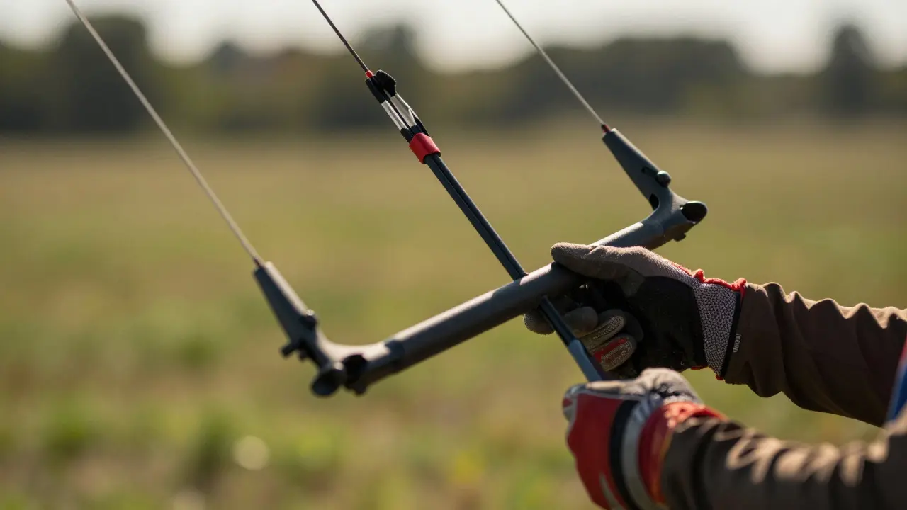 Close-up of gloved hands managing tension on a kite control bar