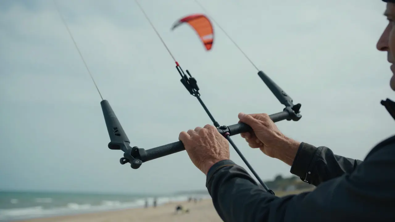 Close-up of hands controlling a kite bar with taut lines stretching into the windy sky.