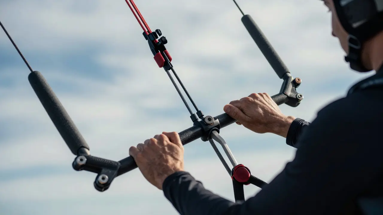 Close-up of hands controlling a kite steering bar with visible line tension