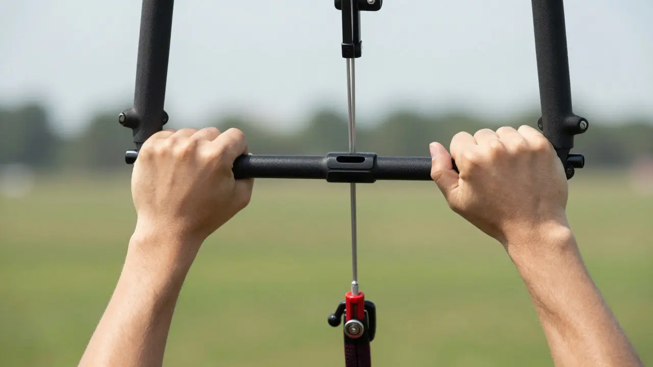 Close-up of hands controlling kite lines for a yo-yo maneuver