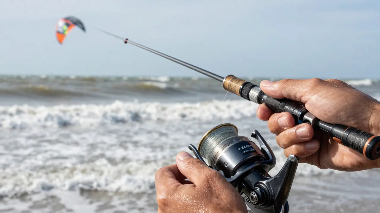 Close-up of hands managing a spool reel and braided fishing line