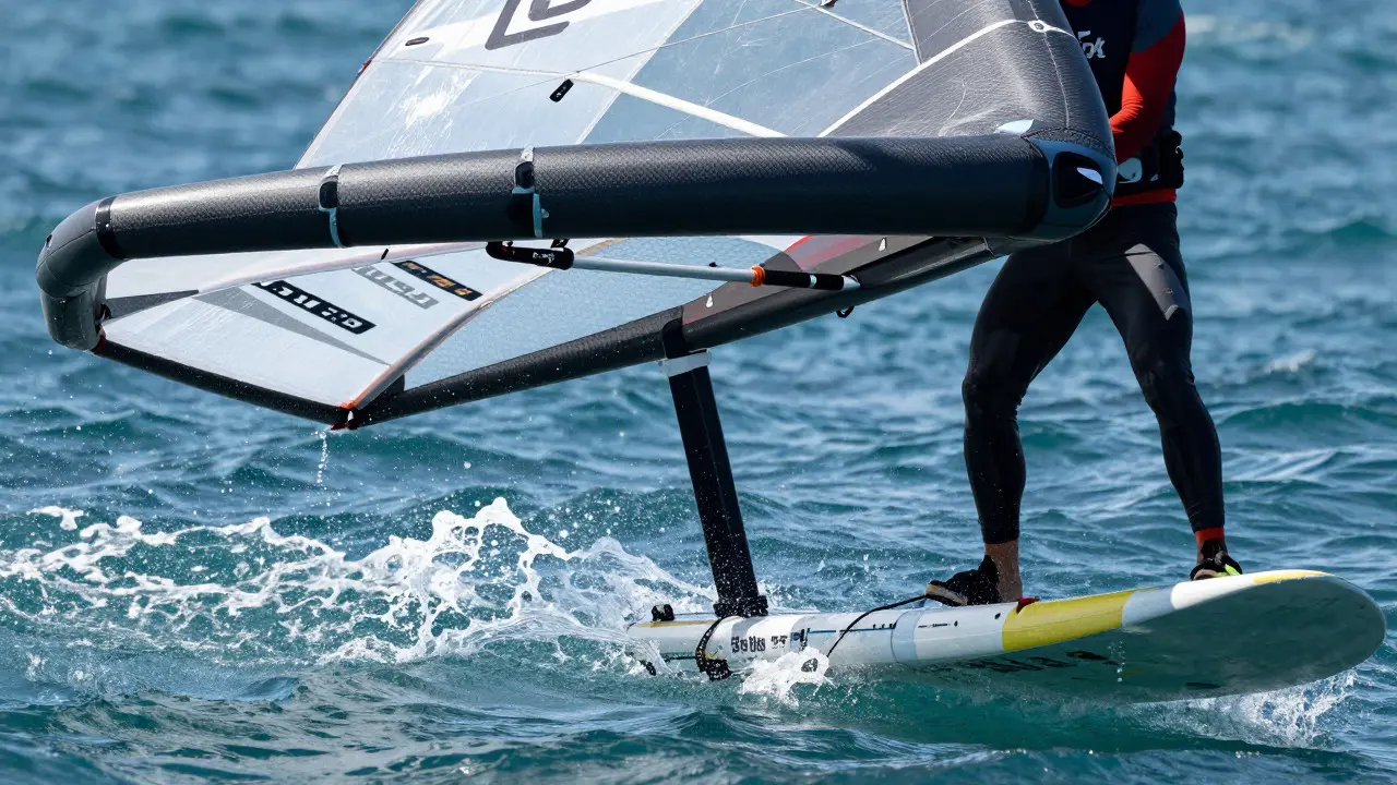 Close-up of hydrofoil wing turning sharply with water spray