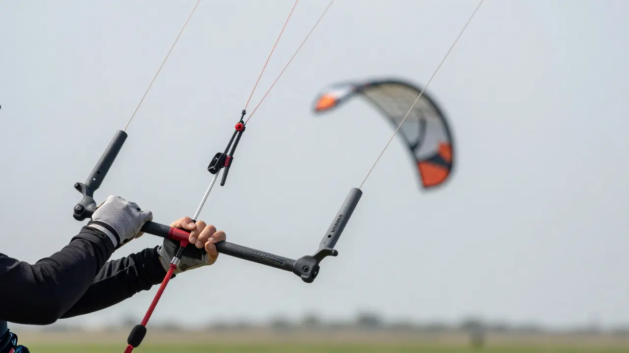 Close-up of pilot hands holding a four-line kite control bar
