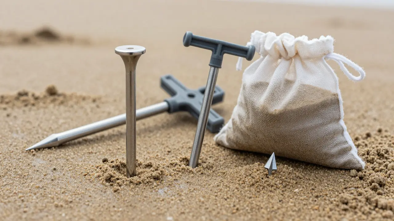 Close-up of steel, plastic, and sand-bag anchors displayed on wet beach sand
