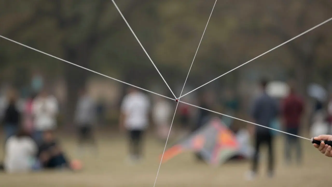 Close-up of two kite lines crossing in mid-air against a blurred park background