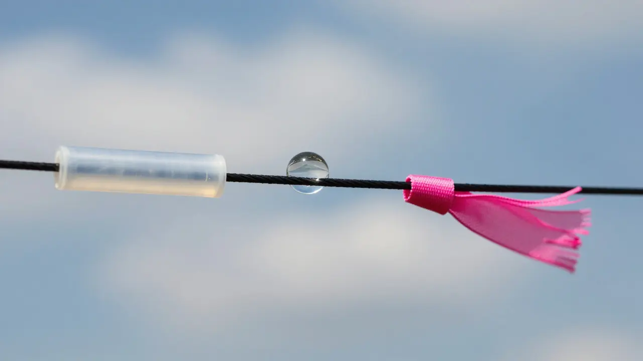 Close-up of various kite line markers including silicone sleeves and beads