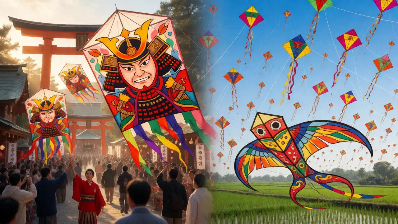 Collage of Japanese, Indian, and Malaysian traditional kites in cultural festivals