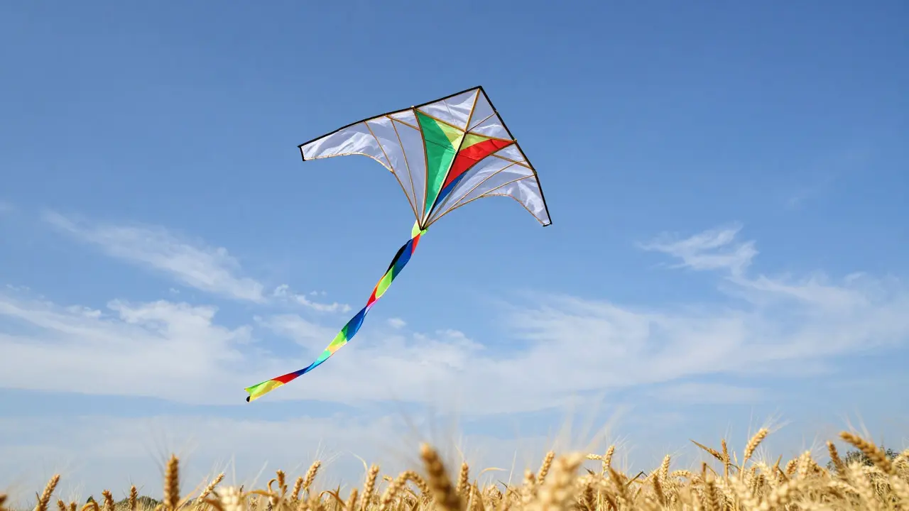 Colorful bamboo diamond kite with long tail flying high over a golden wheat field