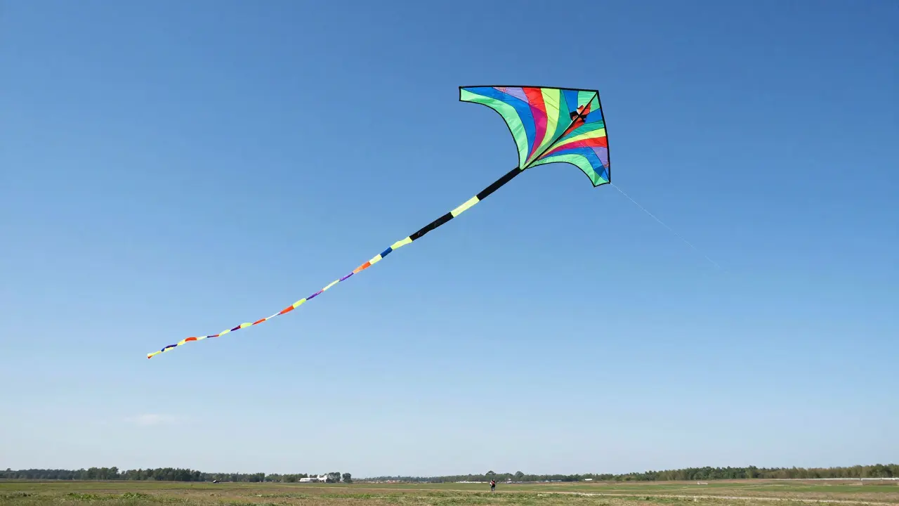 Colorful delta kite soaring high with a long tail in a blue sky