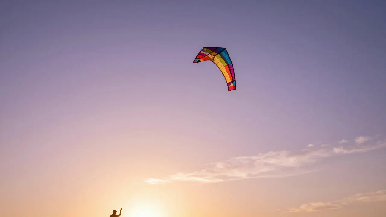 Colorful sport kite turning smoothly against a sunset sky