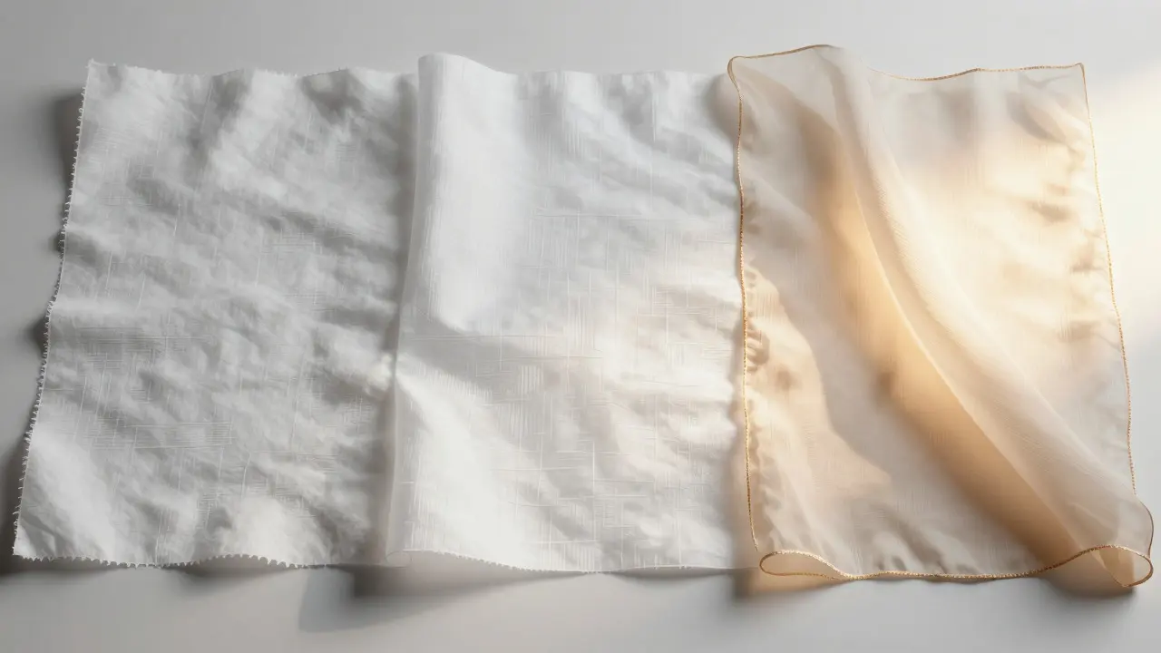 Comparison of opaque cotton, polyester, and transparent silk fabrics under light