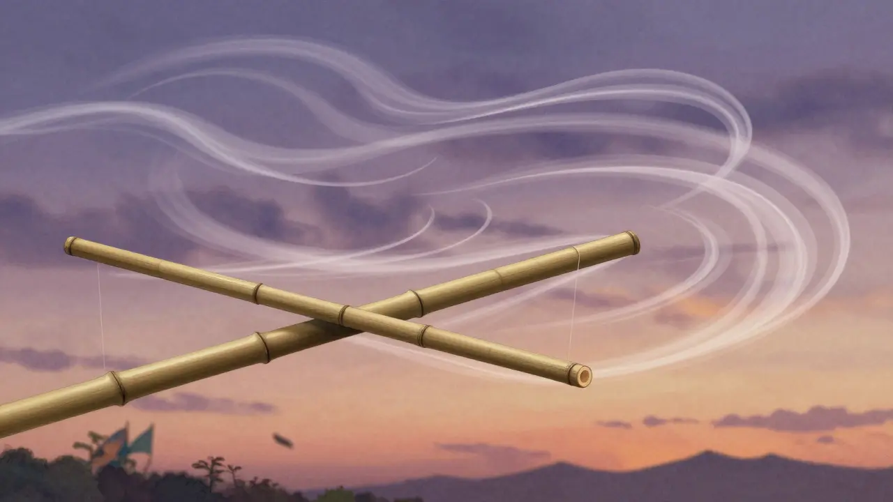 Conceptual art showing flexible bamboo spar bending with abstract sound wave visuals