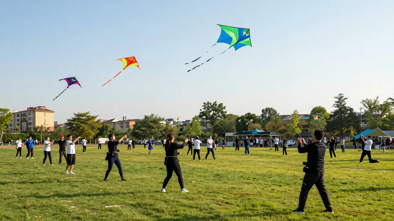 Crowd at a park flying colorful kites during a green kiting tournament