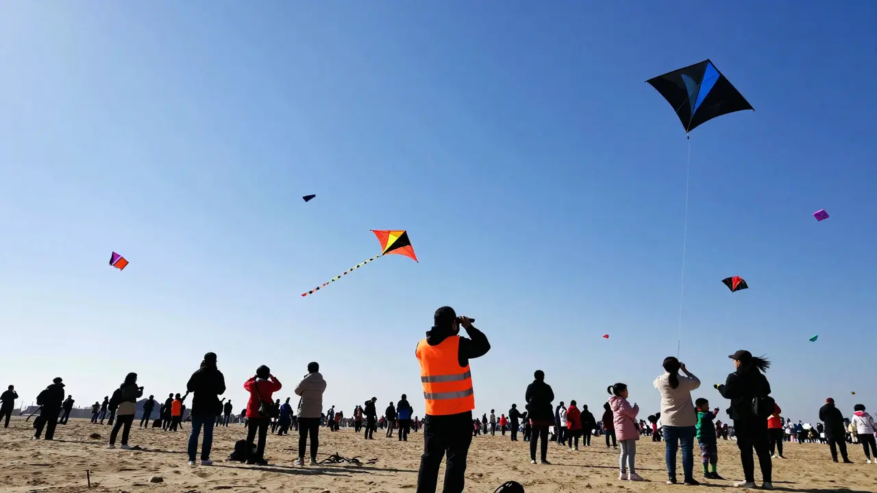 Crowd on a beach flying colorful kites under a bright blue sky